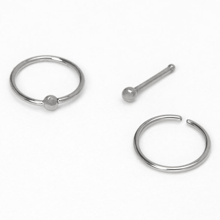 Piercings de nez anneaux et clou classiques 0,8&nbsp;mm couleur argent&eacute;e et couleur titan&eacute;e - Lot de 3,