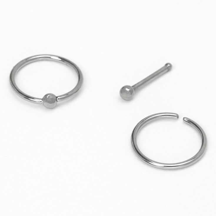 Silver-tone Titanium 20G Classic Stud &amp; Hoop Nose Rings - 3 Pack,