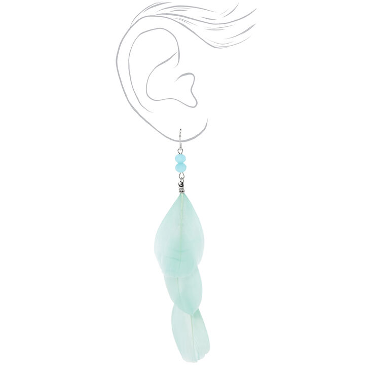Silver 4&quot; Beaded Feather Linear Drop Earrings - Mint,