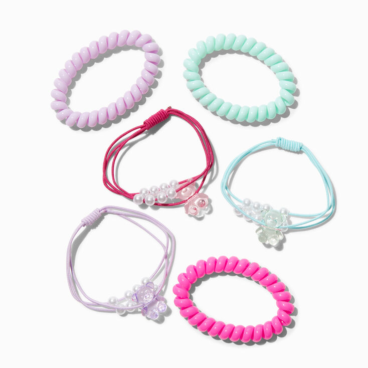 Teddy Bear Charm Spiral Hair Ties - 6 Pack,