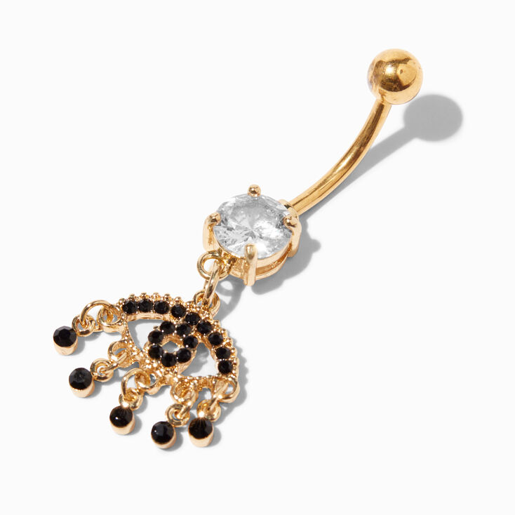 Gold Embellished Black Evil Eye 14G Dangle Belly Bar,