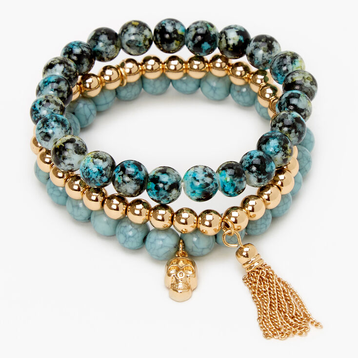 Bracelets &eacute;lastiques perl&eacute;s effet marbr&eacute; cr&acirc;ne - Bleu, lot de 3,