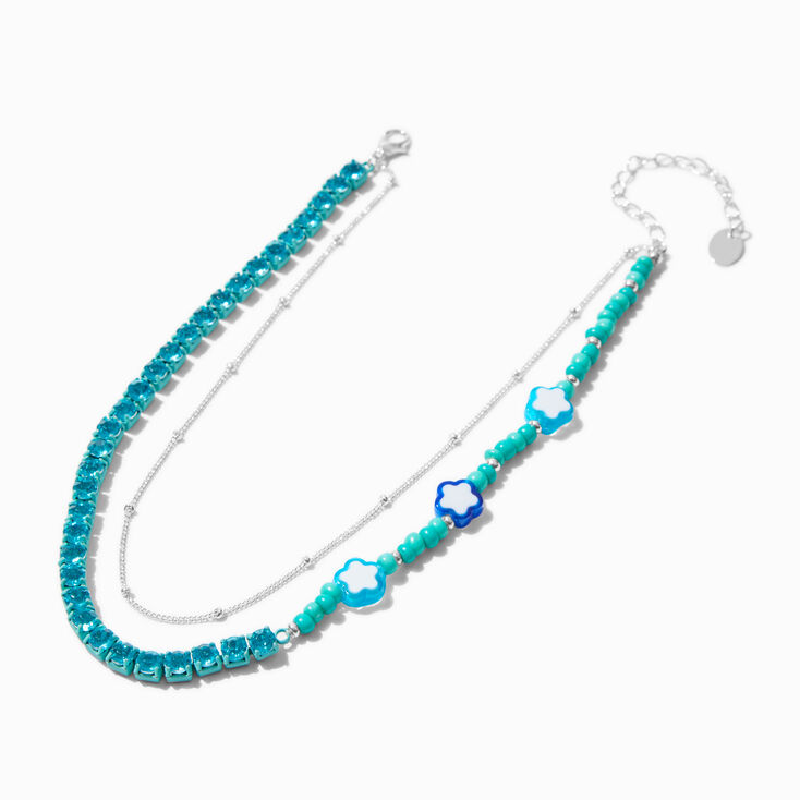 Blue Flower Beaded Silver-tone Chain Multi-Strand Necklace,