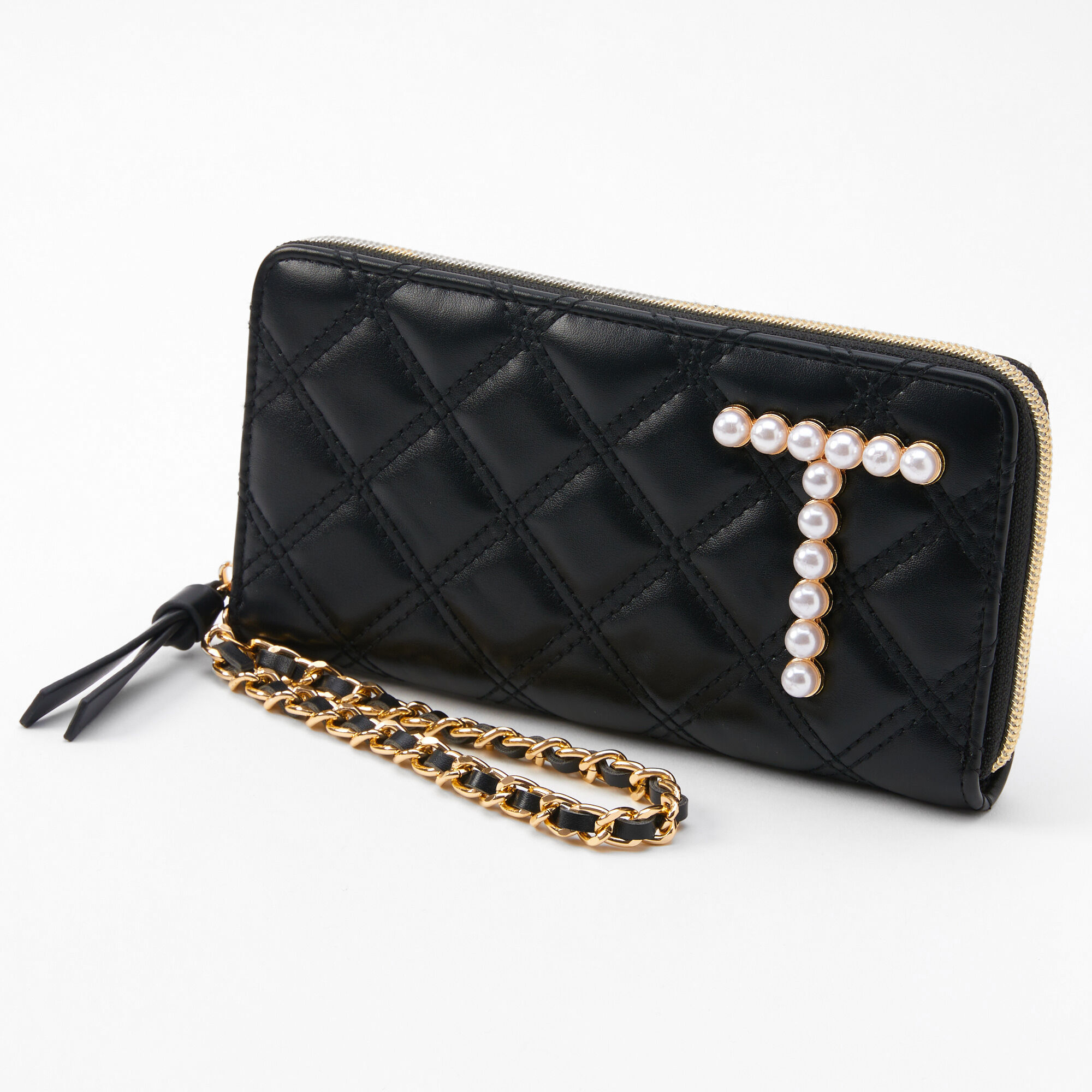 Claire's Pochette poignet à initiale avec perles d’imitation - Noir, T