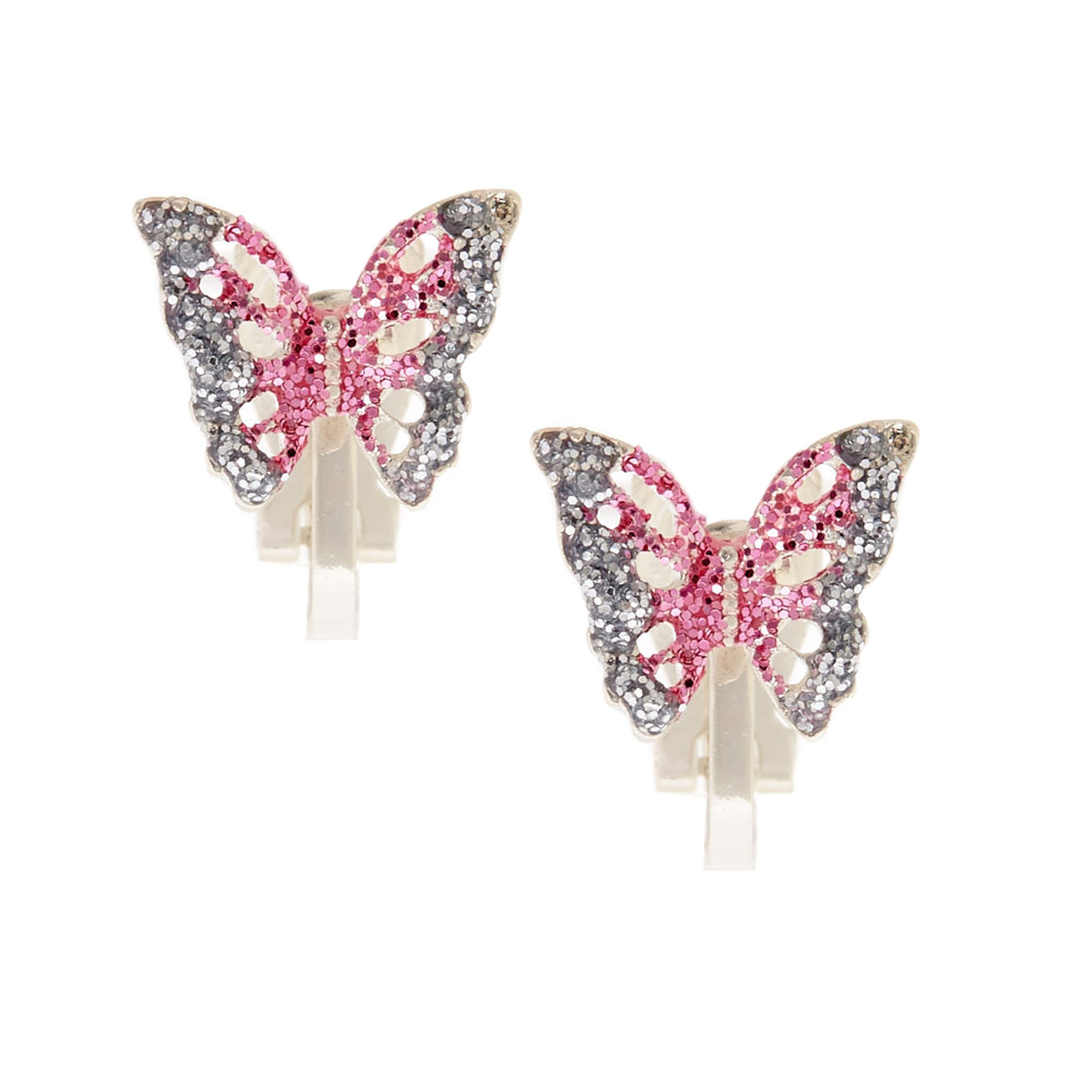 View Claires SilverTone Glitter Butterfly Clip On Earrings Pink information