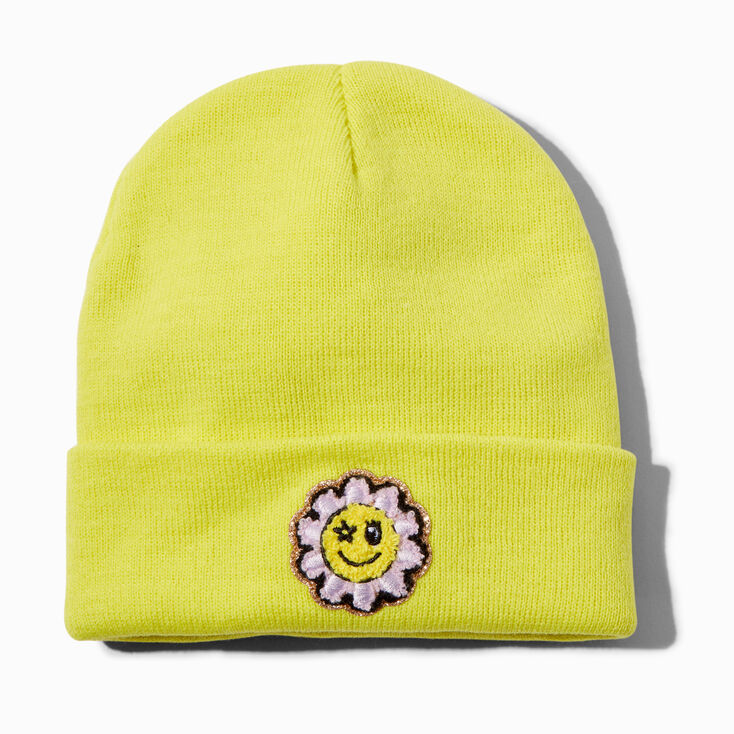 Daisy Happy Face Neon Yellow Beanie Hat,