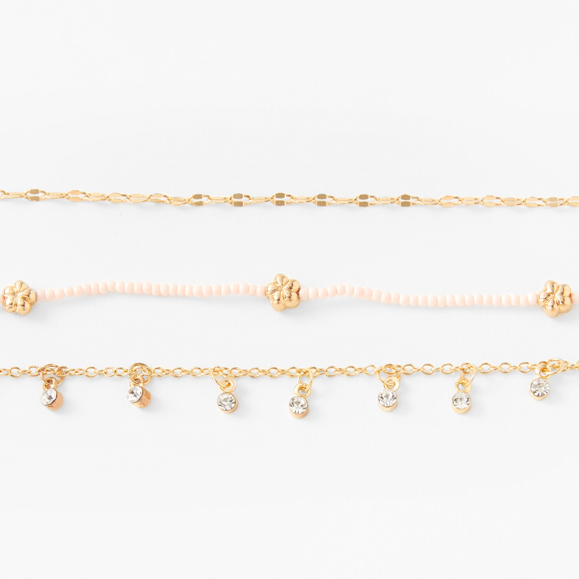 Gold Beaded Flower Choker Necklaces - Pink, 3 Pack,