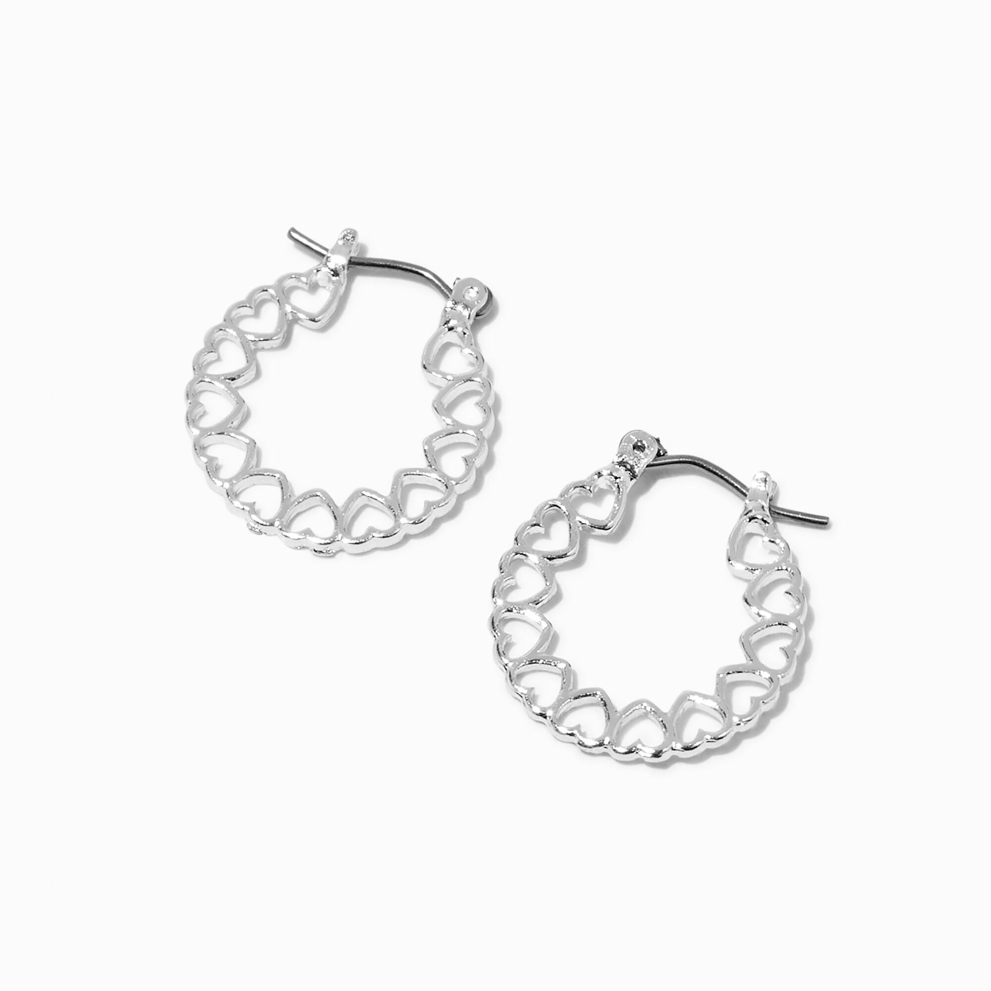 View Claires Tone Heart Print Hoop Earrings Silver information