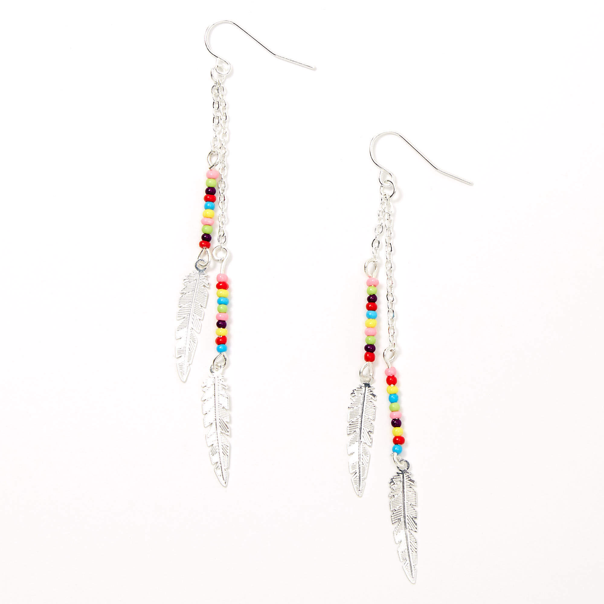 Silver 2" Rainbow Beaded Feather Drop Earrings,