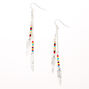 Silver 2&quot; Rainbow Beaded Feather Drop Earrings,