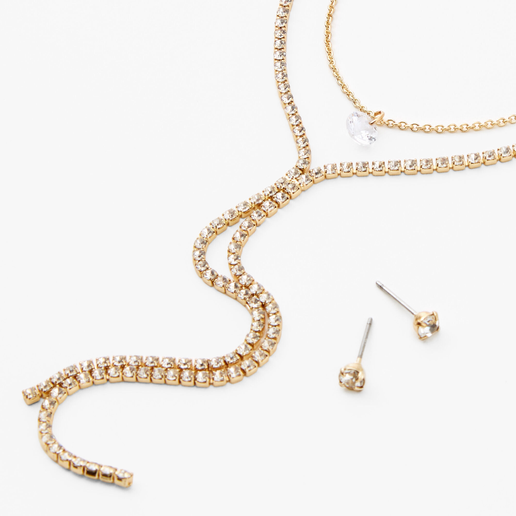 Claire's Parure de bijoux en Y avec strass ronds couleur dorée - Lot de 2