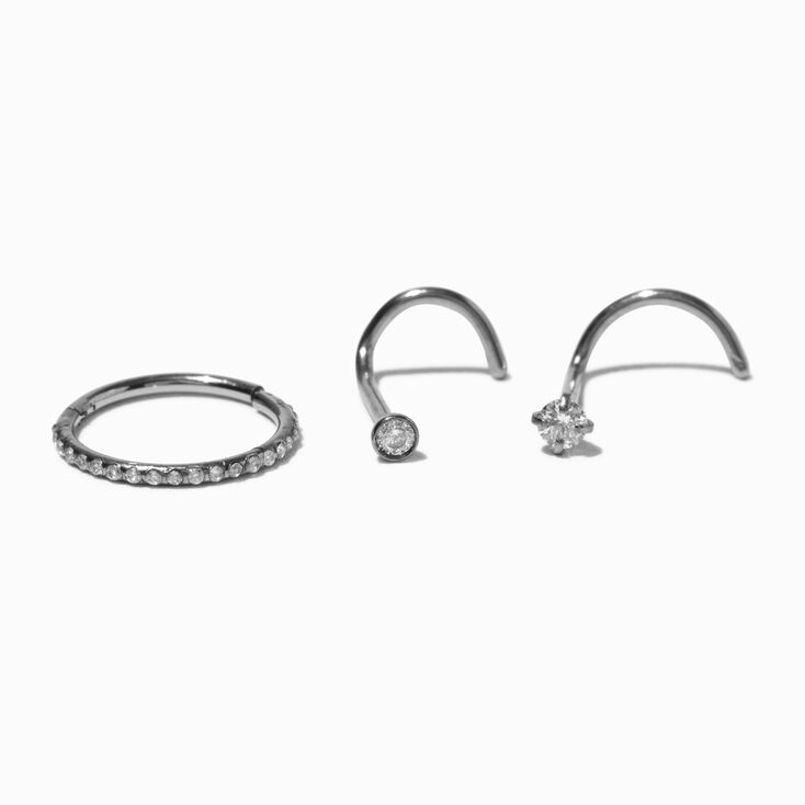 18G Silver-tone Titanium Rhinestone Nose Stud &amp; Hoop - 3 Pack,