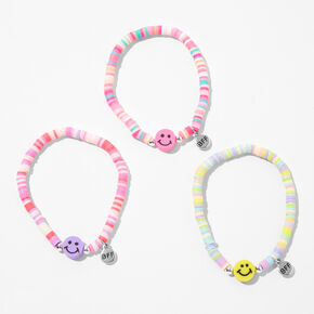 Best Friends Rainbow Disc Happy Face Charm Stretch Bracelets - 3 Pack,