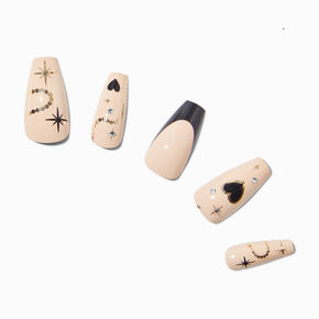 Black Heart Bling French Tip Squareletto Vegan Faux Nail Set - 24 Pack,
