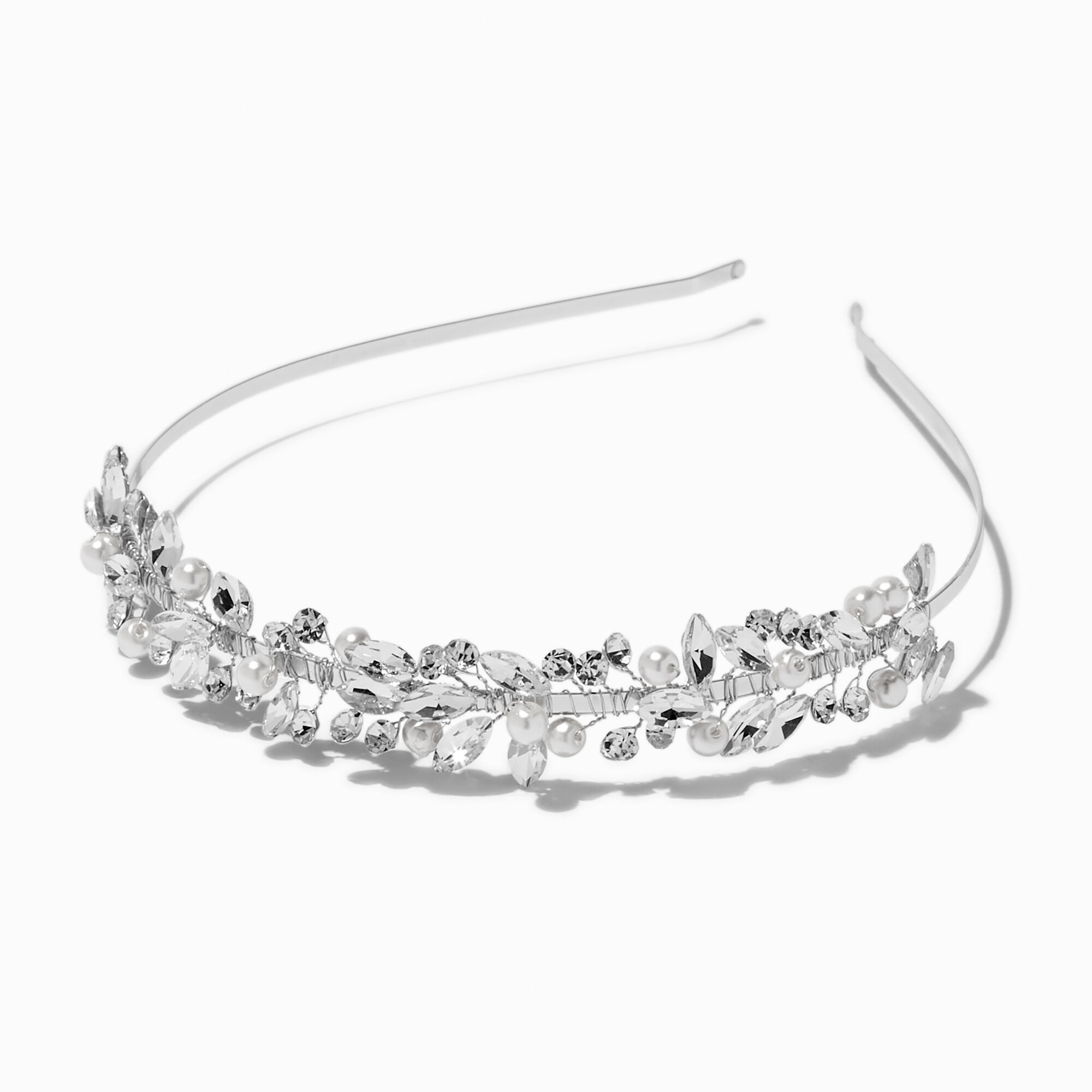 View Claires SilverTone Crystal Leaf Pearl Headband White information