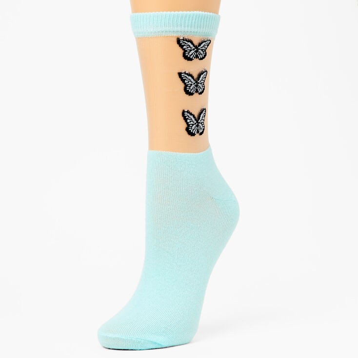 Embroidered Butterflies Sheer Crew Socks - Mint Green,