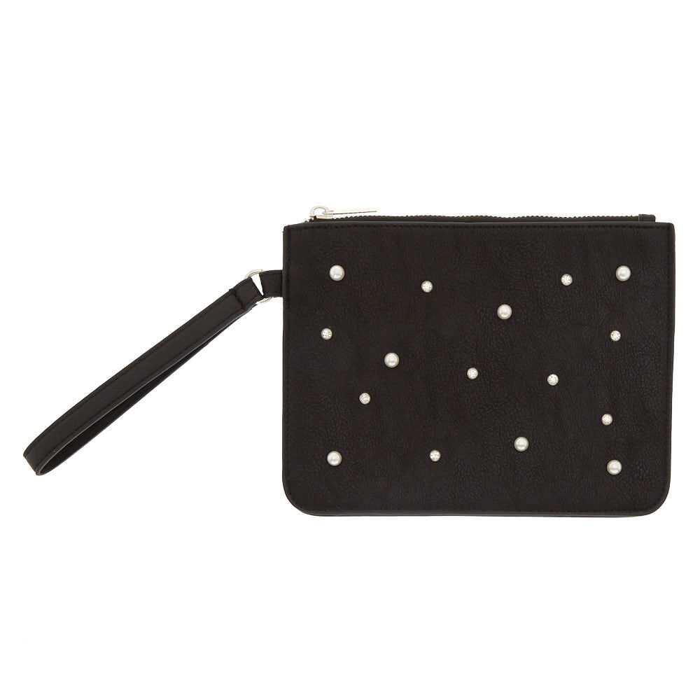 Black Pearl & Crystal Faux Leather Wristlet,
