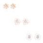 Mixed Metal Cubic Zirconia Flower Stud Earrings - 3 Pack,