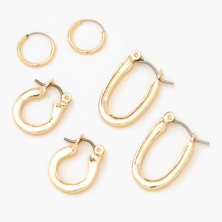 Gold Mixed Round Oval Hoop Earrings - 3 Pack,