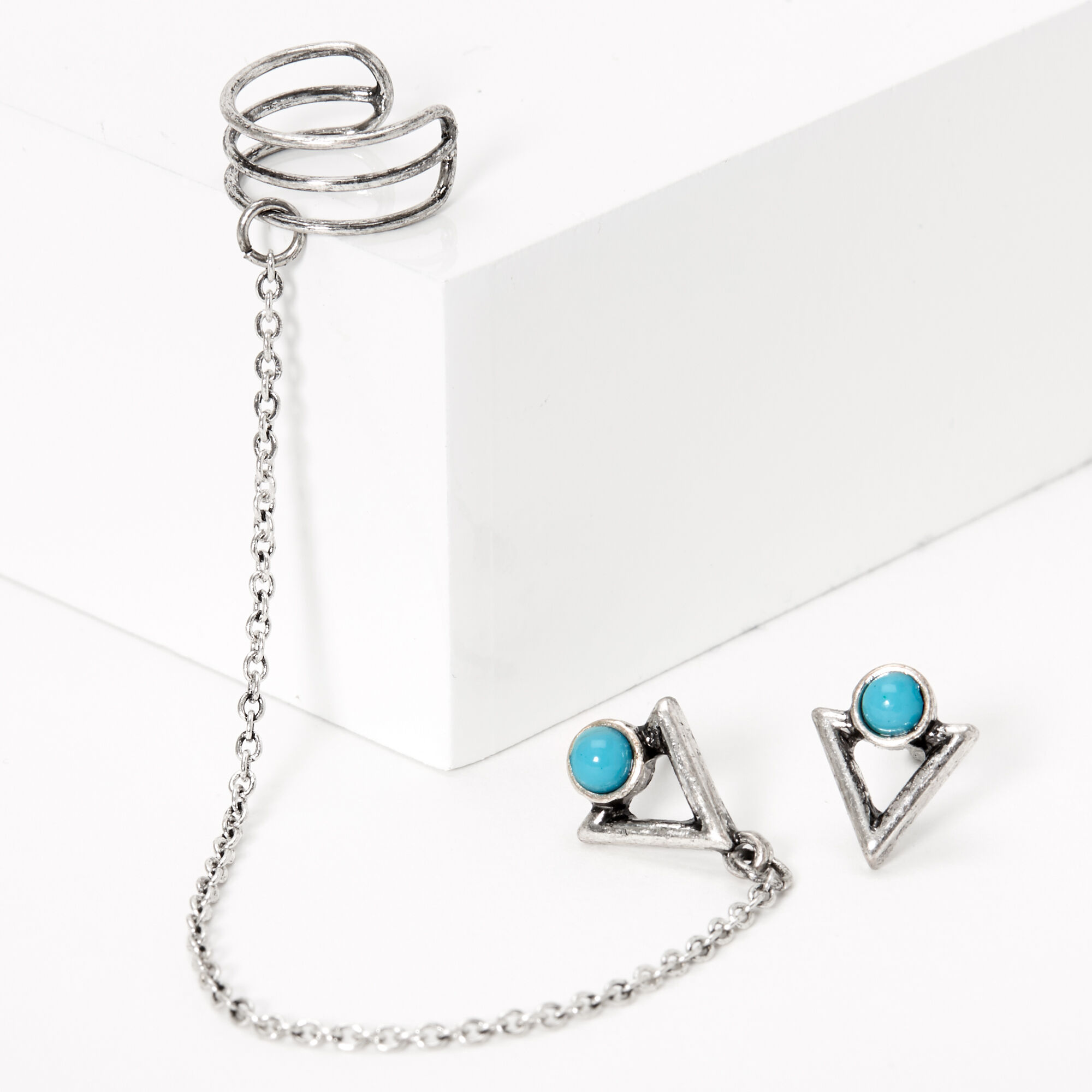 Silver Triangle Stone Ear Connector Earrings - Turquoise,