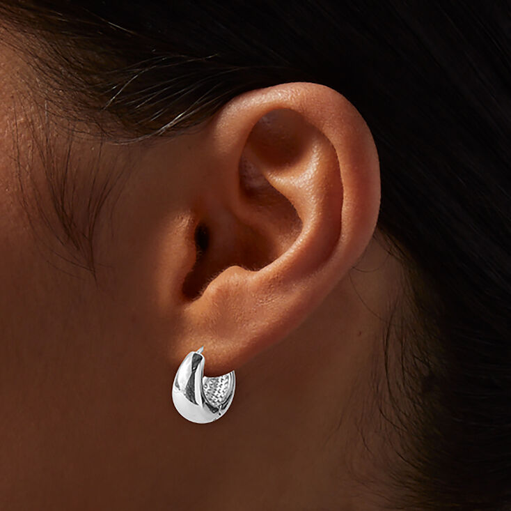 Silver-tone Stainless Steel Chunky Clicker Hoop Earrings,