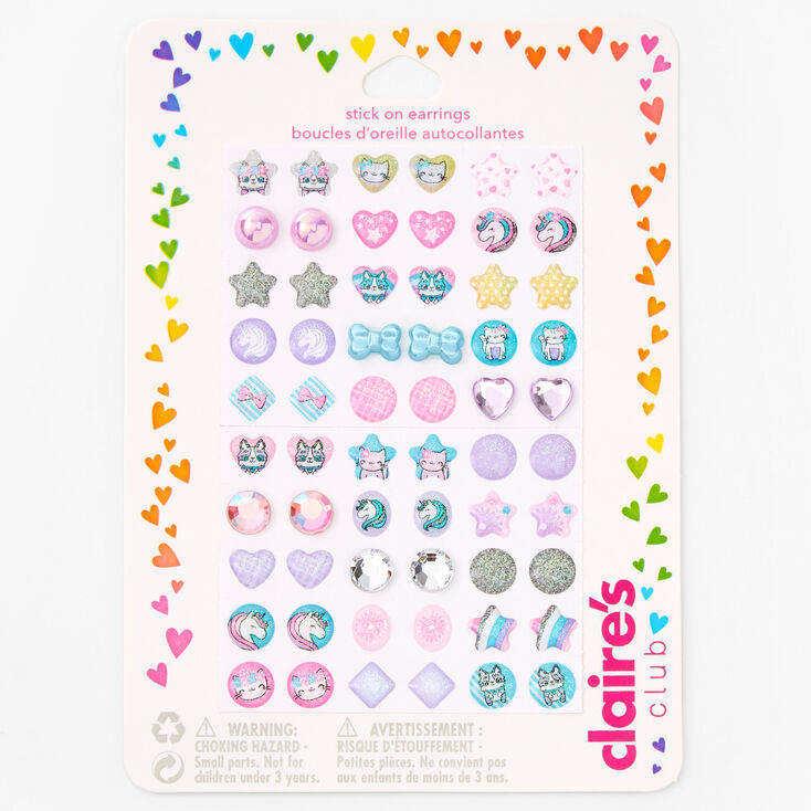  Claire's Club Little Girl 30-pack Stick on Earrings with Heart,  Stars, Butterfly, and More Gemstones: Clothing, Shoes & Jewelry