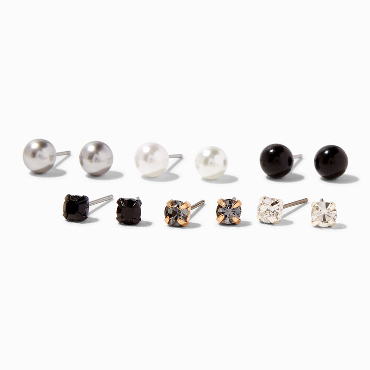 Black Pearl &amp; Crystal Stud Earrings &#40;6 Pack&#41;,