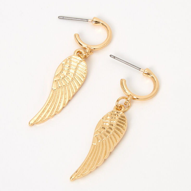 Gold 10MM Huggie Hoop Angel Wing Drop Earrings,
