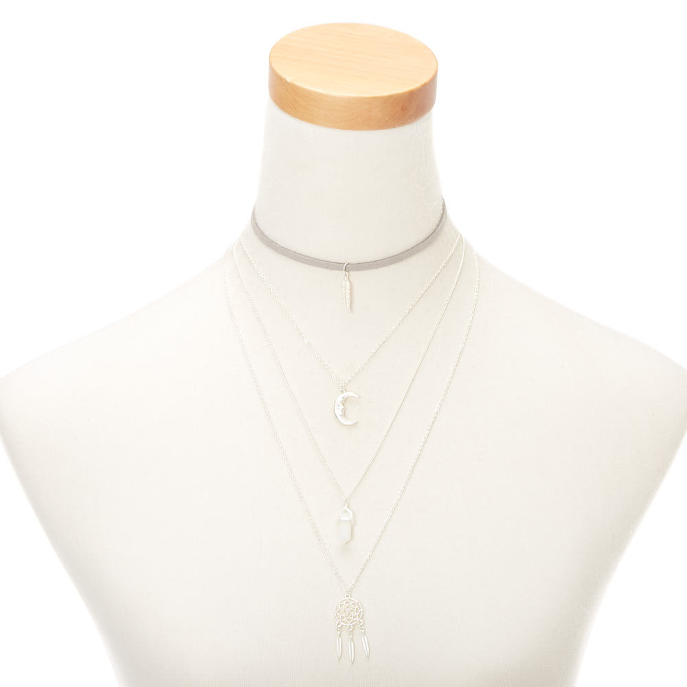 Silver Moon Dreamcatcher Multi Strand Choker Necklaces - 2 Pack,