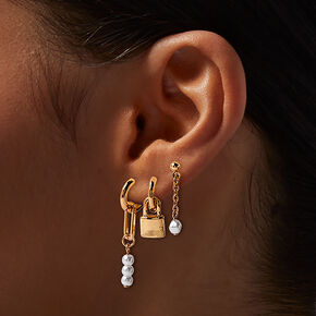 Boucles d&rsquo;oreilles superposables perle d&rsquo;imitation et cadenas couleur dor&eacute;e - Lot de 3,