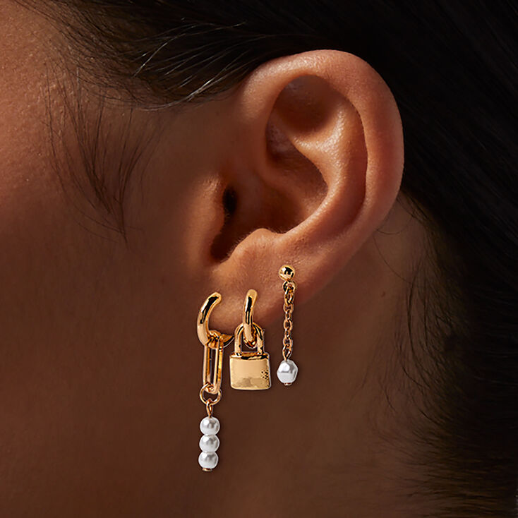 Boucles d&rsquo;oreilles superposables perle d&rsquo;imitation et cadenas couleur dor&eacute;e - Lot de 3,