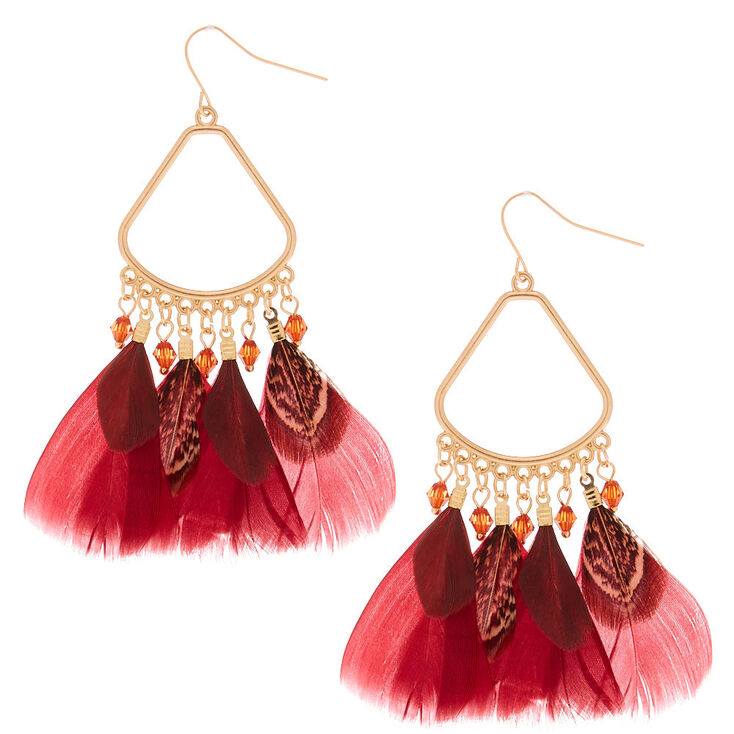 3&quot; Feather Chandelier Drop Earrings - Red,