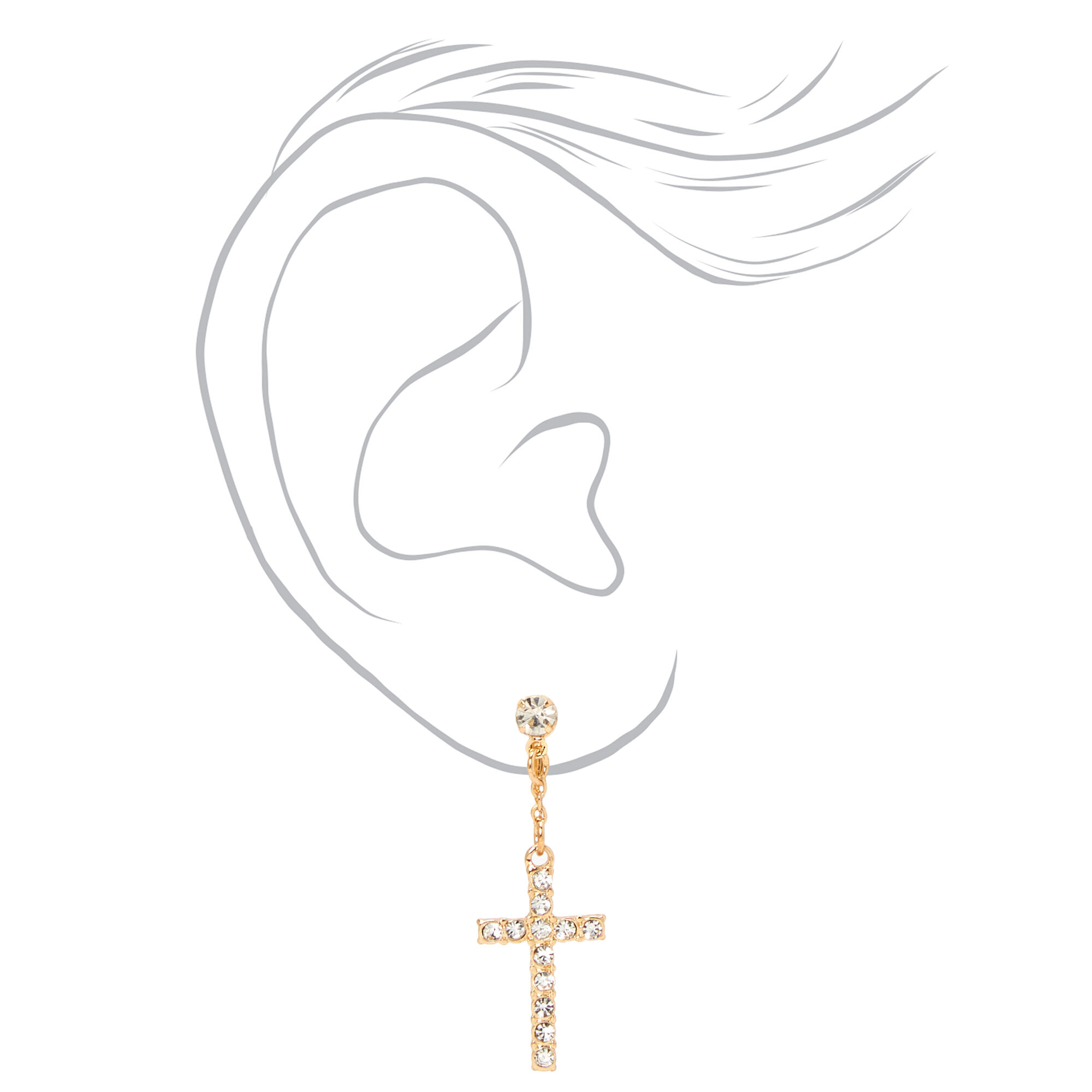 Gold Embellished Cross Clip On 1.5" Drop Earrings,