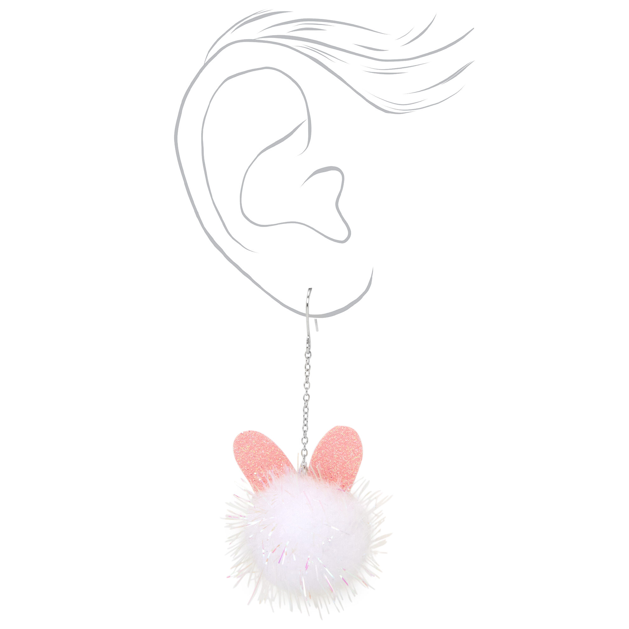 Silver 2" White Bunny Ear Pom Drop Earrings,