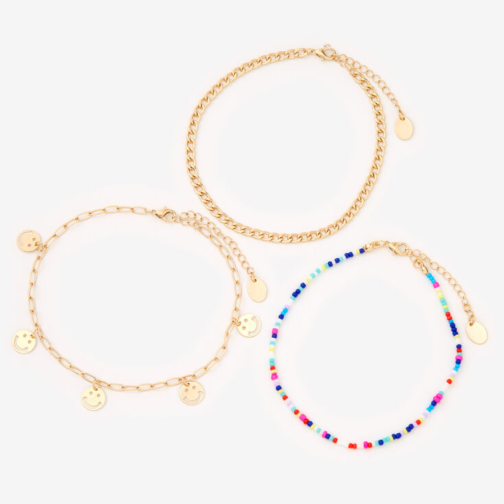 Gold Beaded &amp; Happy Face Chain Anklets - 3 Pack,