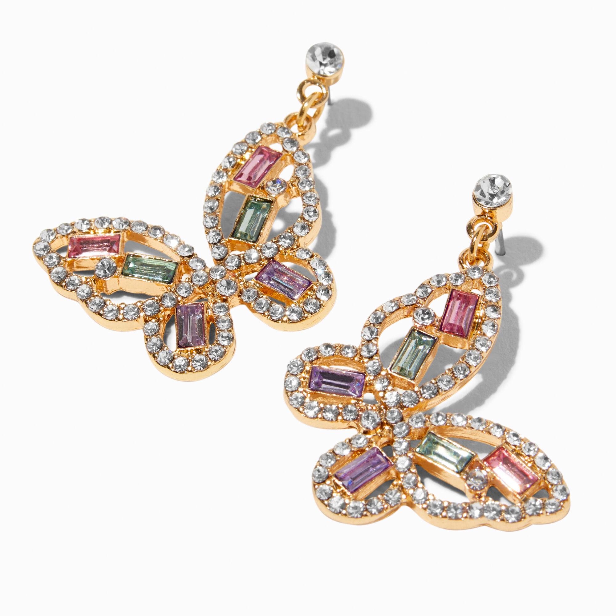 View Claires Crystal Baguette Butterfly 1 Drop Earrings Gold information