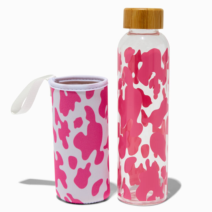 Pink Cow Print Glass Water Bottle with Sleeve,