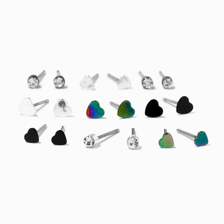Silver Anodized Heart &amp; Crystal Stud Earrings - 9 Pack,