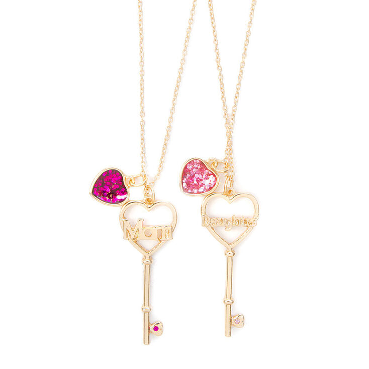 Mom &amp; Daughter Heart &amp; Key Pendant Necklaces - Pink, 2 Pack,