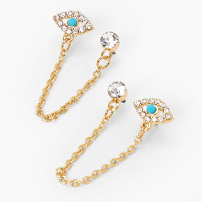 Gold Evil Eye Connector Chain Stud Earrings - Turquoise,