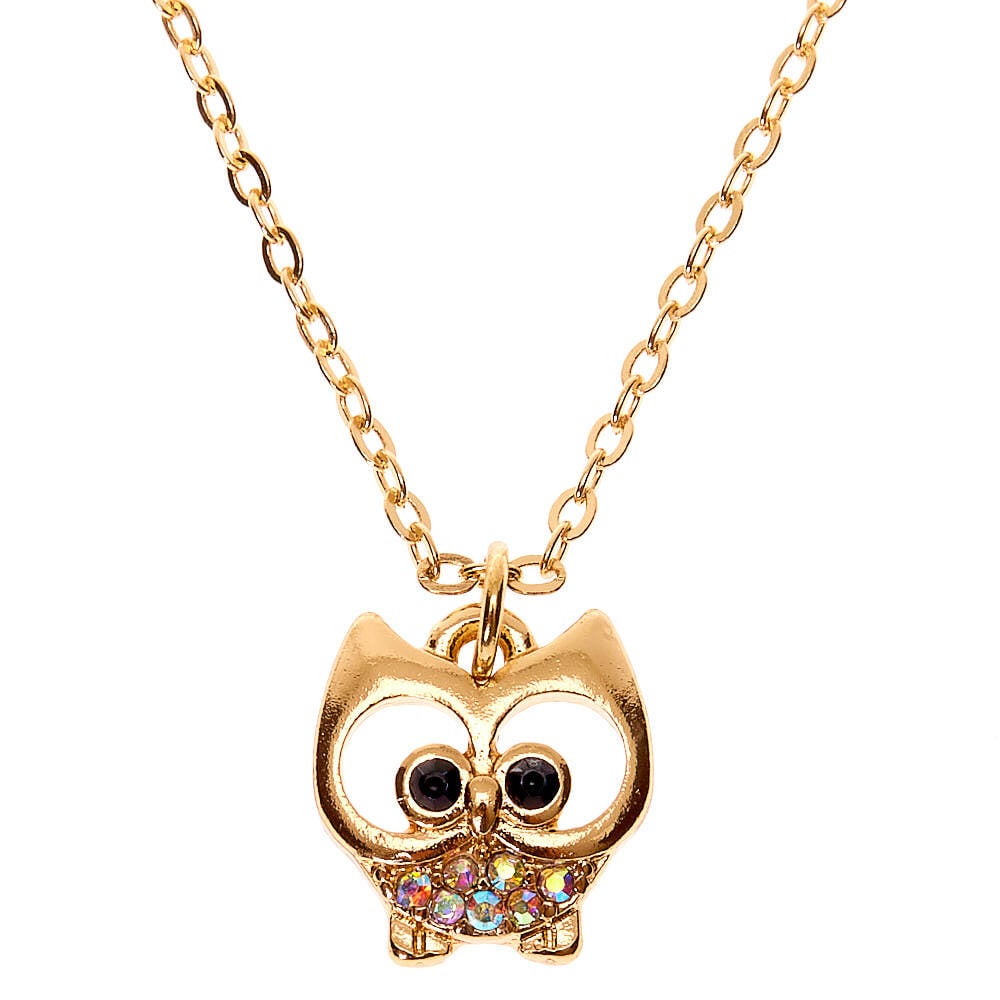 Gold Iridescent Stone Owl Pendant Necklace,