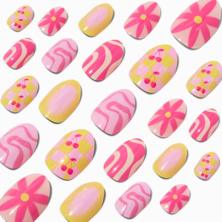 Cherry &amp; Daisy Swirl Stiletto Press On Vegan Faux Nail Set - 24 Pack,