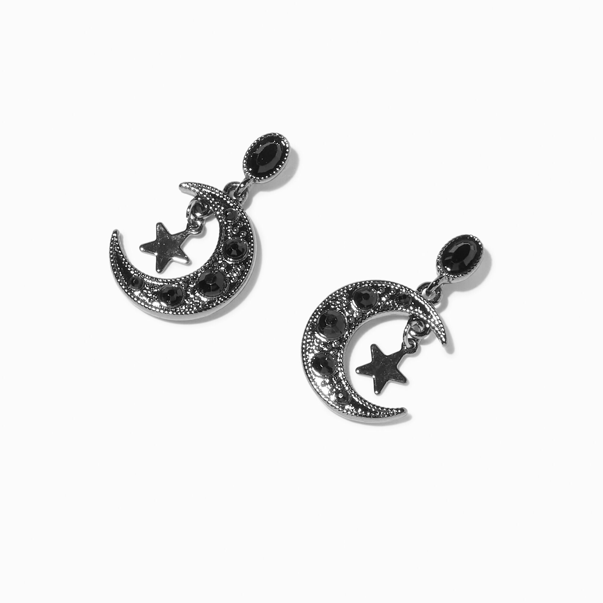 View Claires 1 Crescent Moon Star Drop Earrings Black information