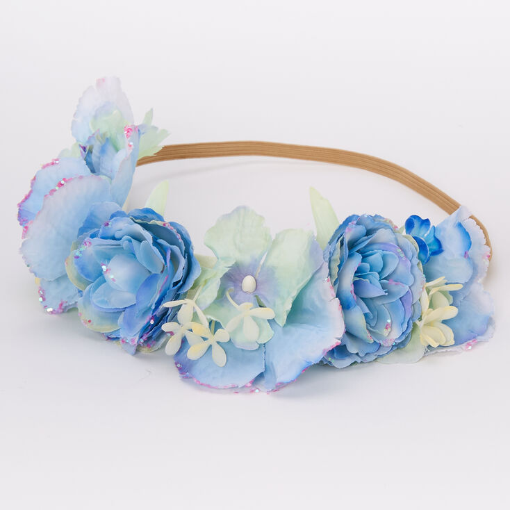 Couronne de fleurs bleues &agrave; paillettes,