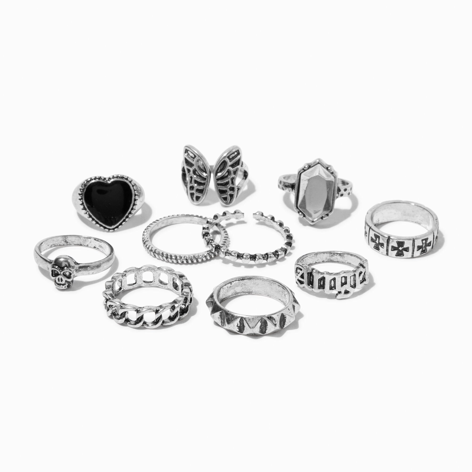 Bagues de caractère aux designs variés crâne couleur argentée - Lot de 10,