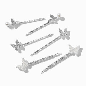 Silver-tone Butterfly Rhinestone Pearl Hair Pins - 6 Pack,