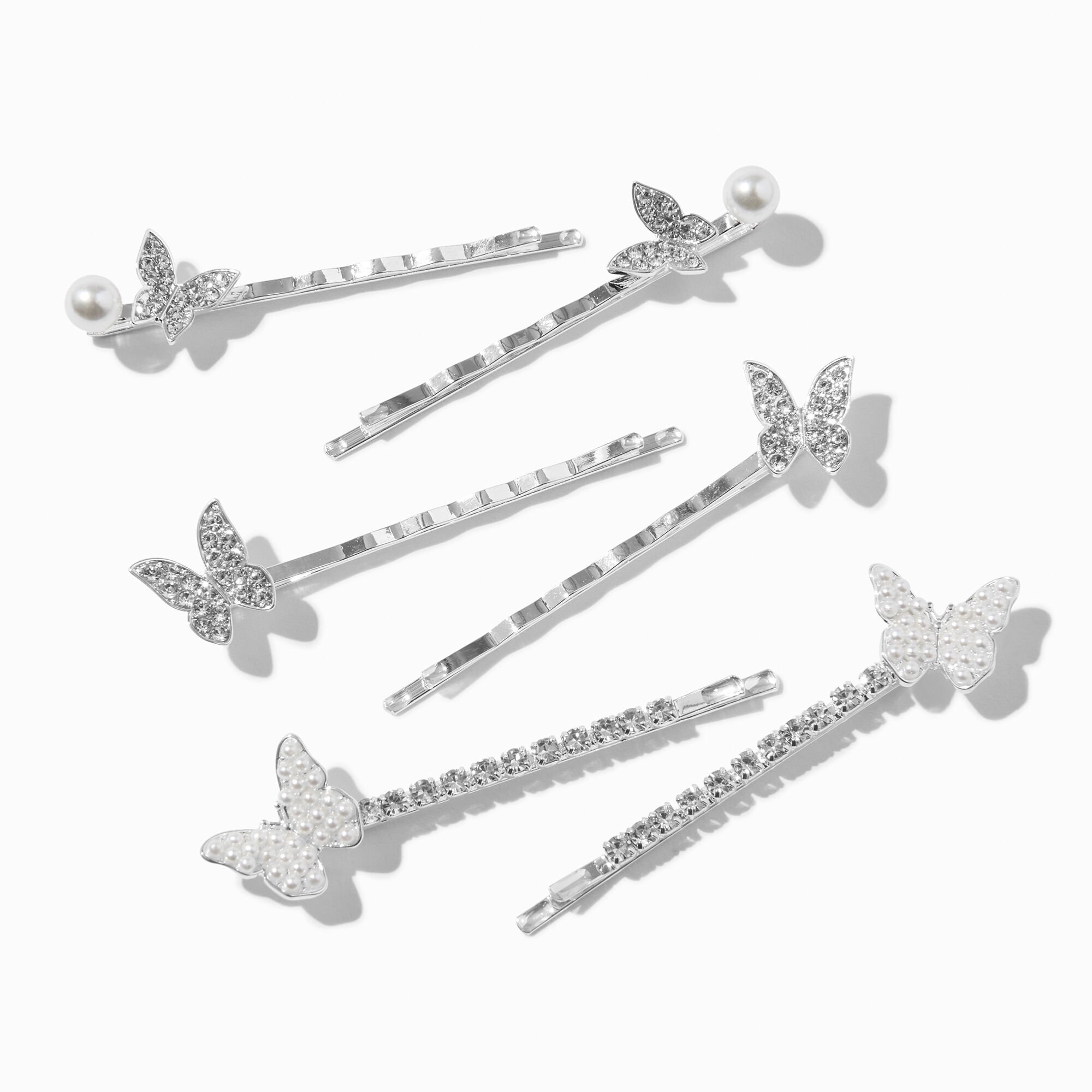 View Claires Tone Butterfly Rhinestone Pearl Hair Pins 6 Pack Silver information