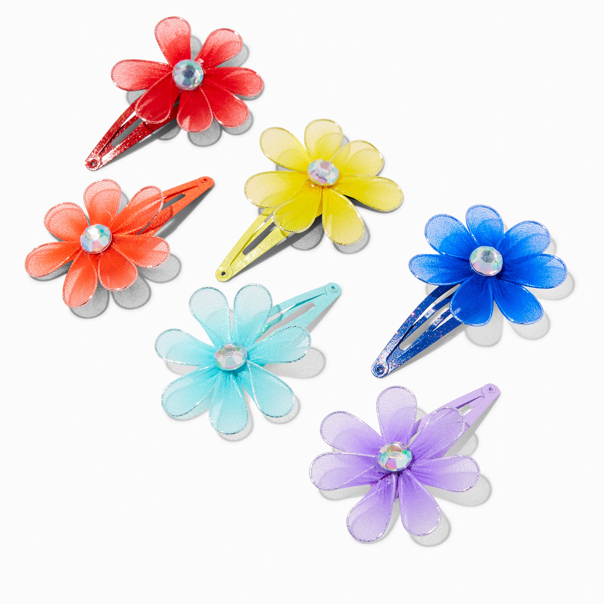 View Claires Club Net Flower Hair Snap Clips 6 Pack Rainbow information