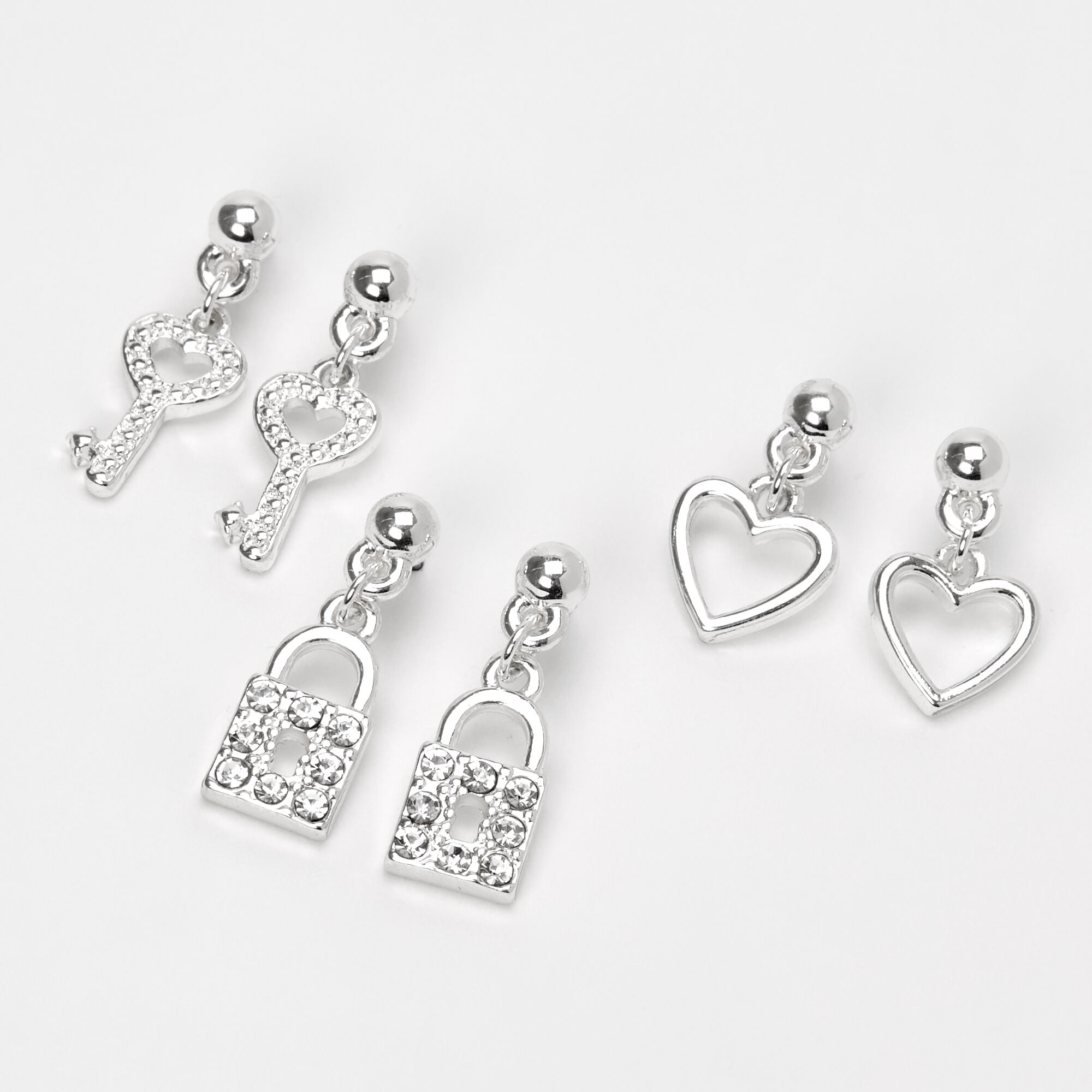 Silver Heart Lock Key Dangly Drop Earrings 3 Pack Claire s US
