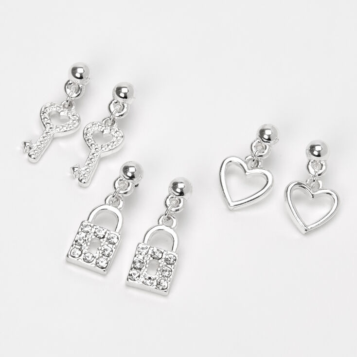 Silver Heart Lock & Key Dangly Drop Earrings - 3 Pack